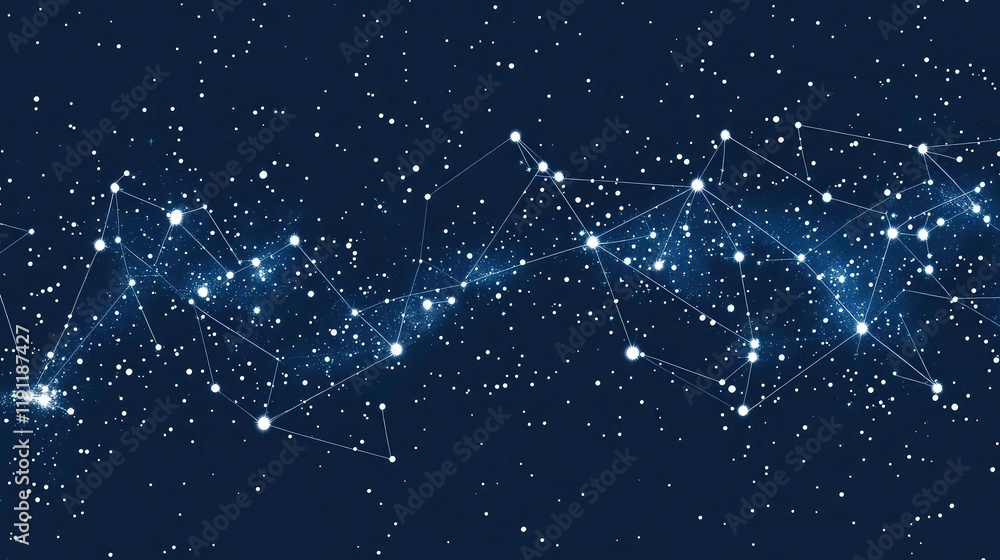 Poster white dots creating a subtle constellation pattern on a dark blue backdrop.