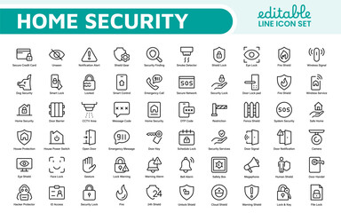 Home Security Icon Set. A comprehensive collection of icons focused on safety and protection, perfect for enhancing security apps, websites, and marketing materials aimed at home safety solutions.