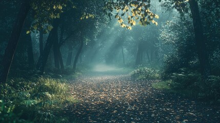 Fototapeta premium Tranquil Forest Pathway with Sunlight Filtering Through Leaves