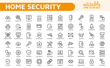 Home Security Icon Set. A comprehensive collection of icons focused on safety and protection, perfect for enhancing security apps, websites, and marketing materials aimed at home safety solutions.