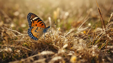 Obraz premium Beautiful butterfly on golden field meadow grass, natural rustic landscape. pastoral artistic image. Indian summer or autumn season. copy space 