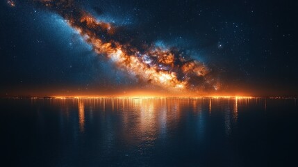 Naklejka premium Milky Way over city lights reflected in water.