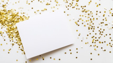 White empty greeting card over scattered golden sequins, glitter and confetti isolated on white background with blank space. Flat lay, top view with copy space. Mockup template.