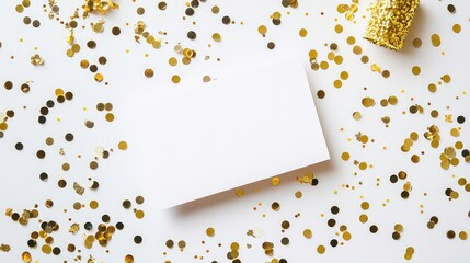 White empty greeting card over scattered golden sequins, glitter and confetti isolated on white background with blank space. Flat lay, top view with copy space. Mockup template.