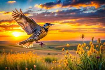 Obraz premium Western Meadowlark in Flight, Long Exposure Blur, Sunset Prairie