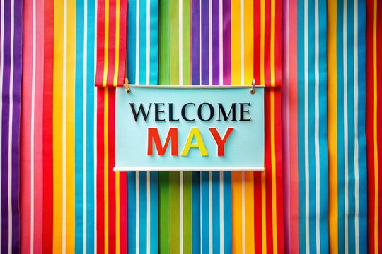 Welcome May Banner: Folded Colorful Banner on Striped Background - Summer Arrival