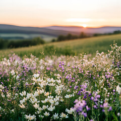 Fototapeta premium Sunset over wildflowers in a field. Peaceful landscape with vibrant blooms and rolling hills.