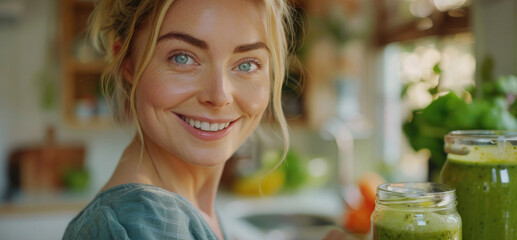 Young woman smiles while preparing healthy green smoothies in a bright kitchen full of fresh ingredients and vibrant colors