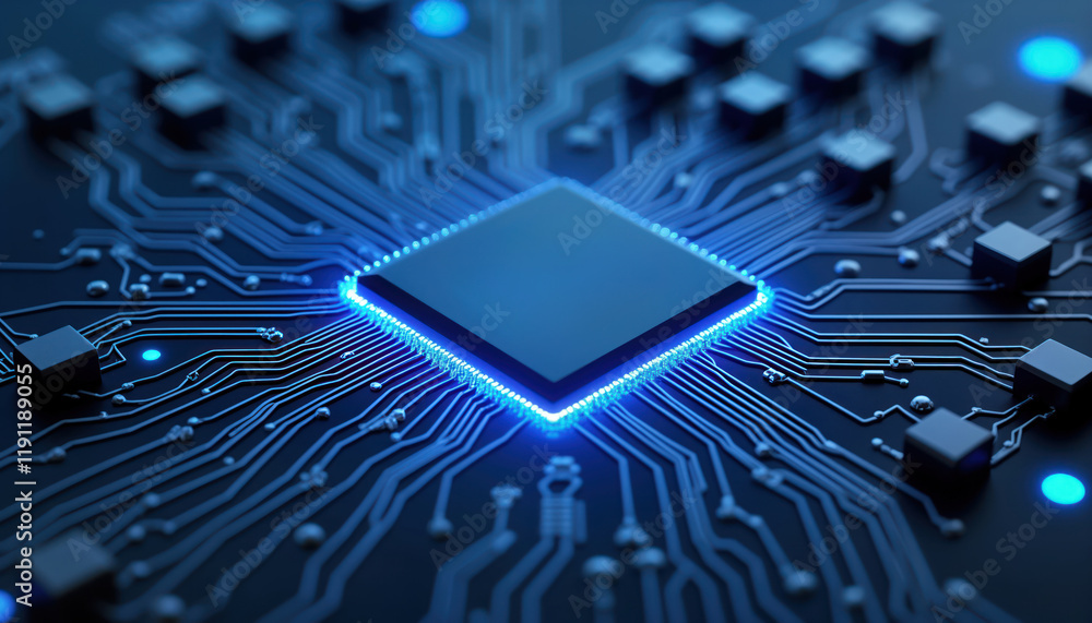 Poster high-tech microchip on circuit board. complex tech design. modern computer hardware component. advan