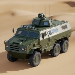 A military armored personnel carrier, designed for troop transport and protection in diverse terrains.