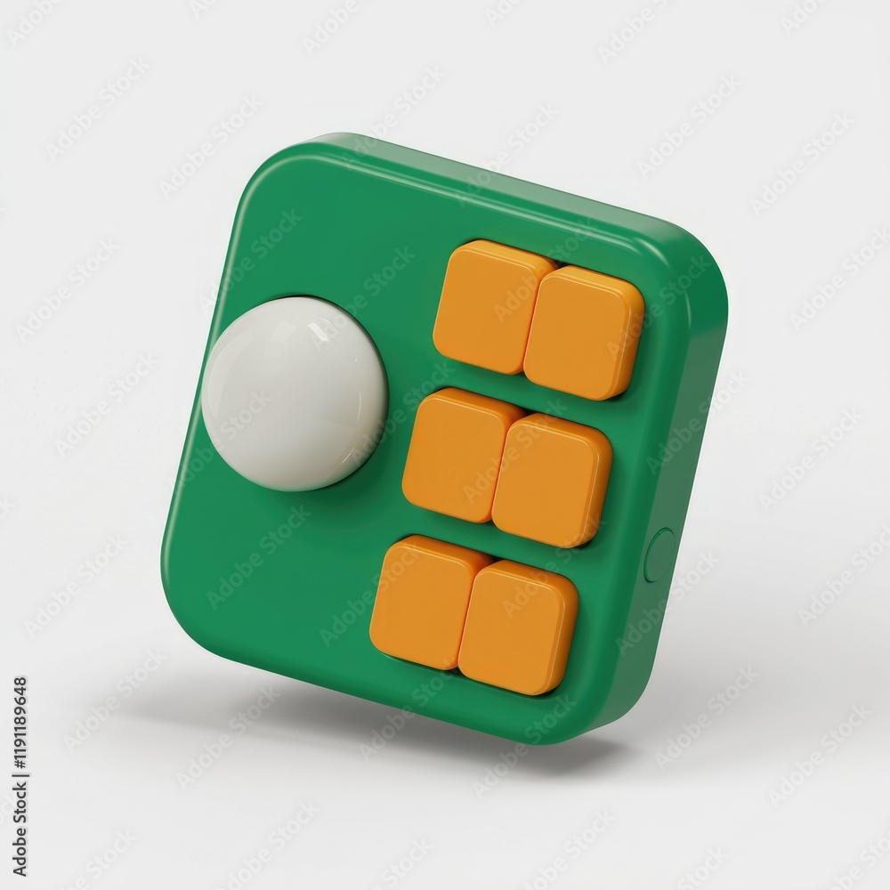 Poster A compact green device with orange buttons and a white joystick; a unique gadget.
