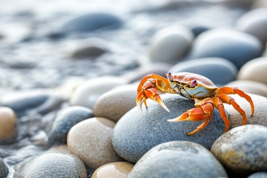 Vividly colored shore crab scuttling on pebbles by ocean