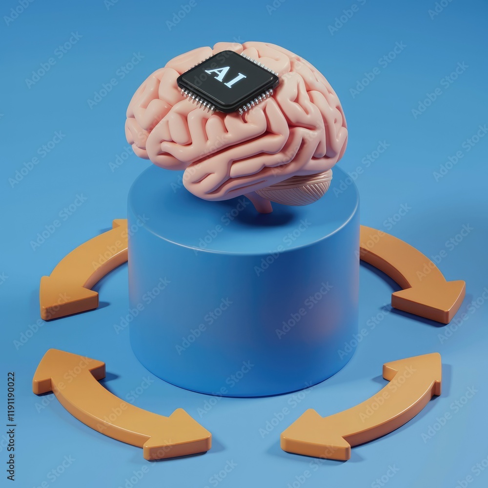 Leinwandbilder AI chip integrated into a 3D brain model, symbolizing artificial intelligence and cognitive processes.
