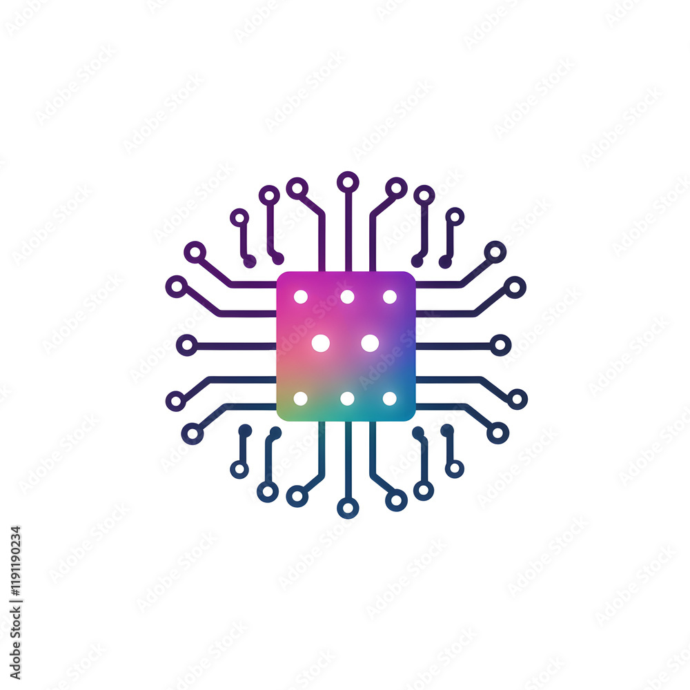 Poster minimalistic microchip icon with glowing square grid center