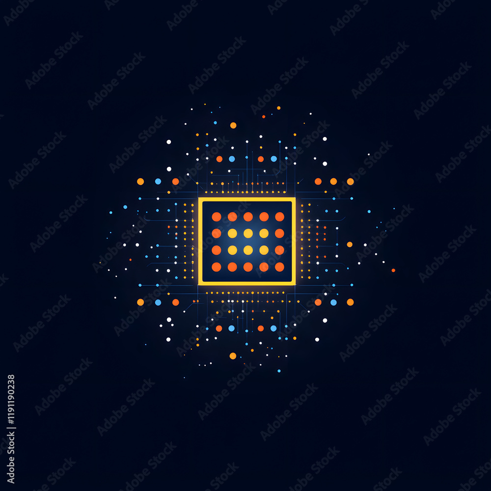 Poster flat vector design of microchip with central dot grid pattern