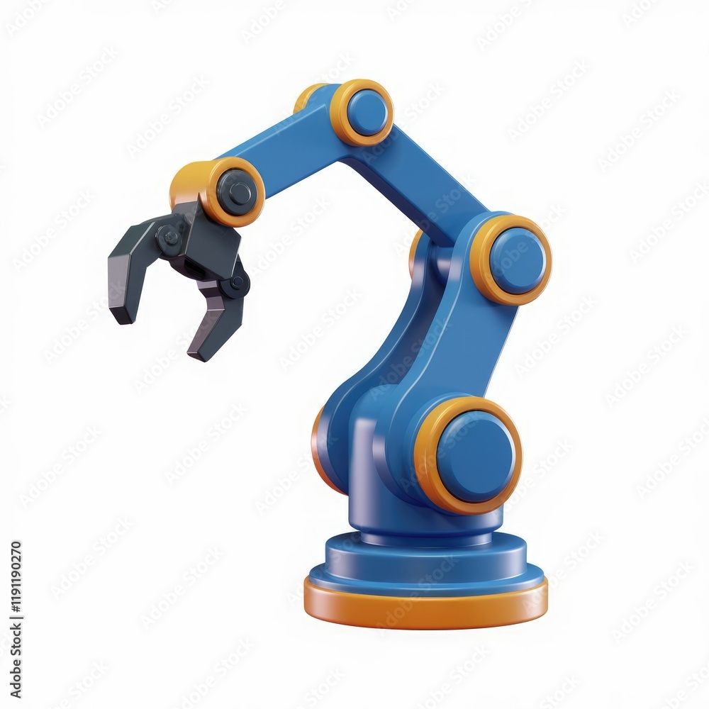 Poster A 3D rendering of a blue and orange robotic arm with a claw, representing automation and technology.