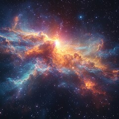 Cosmic nebula, vibrant colors, glowing stars.