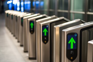 Turnstiles. Barrier gate in subway. Ticket Barrier. Entrance in at metro or railway station. Security. Green arrow sign