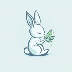 Fototapeta premium Serene white rabbit holding leaves, pastel background, logo design
