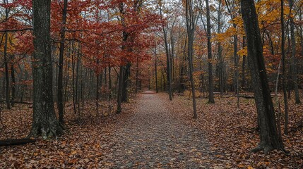 Obraz premium Tranquil Autumn Pathway Through Vibrant Colorful Forest Scene