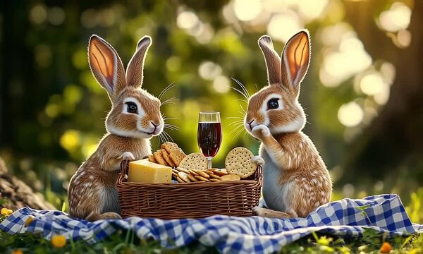 two anthropomorphic hares/rabbits having a picnic together in the forest on a blue and white gingham picnic blanket, with a picnic basket filled with cheese, crackers and wine, hyper realistic, editor