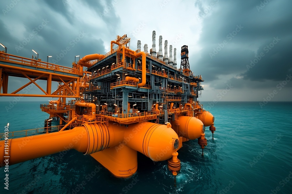 Poster imposing offshore floating production storage and offloading fpso unit moored in expansive turquoise