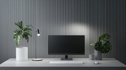 Enhancing Productivity Workspace Modern Office Image Minimalist Design Aesthetic Focus Professional White Ribbed Pot with Greenery