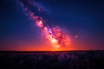 Fototapeta premium Starry night sky over purple wildflowers.