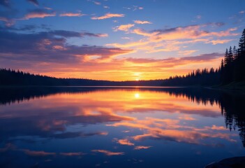 Obraz premium Sunset sky reflects in water with silhouetted trees