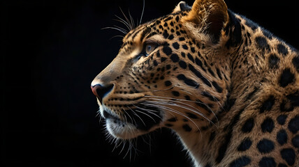 Obraz premium Far Eastern leopard, profile portrait. Beautiful panther leo on dark background 