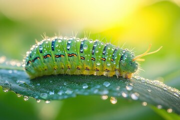 Naklejka premium Dew-covered caterpillar on leaf, sunlit.