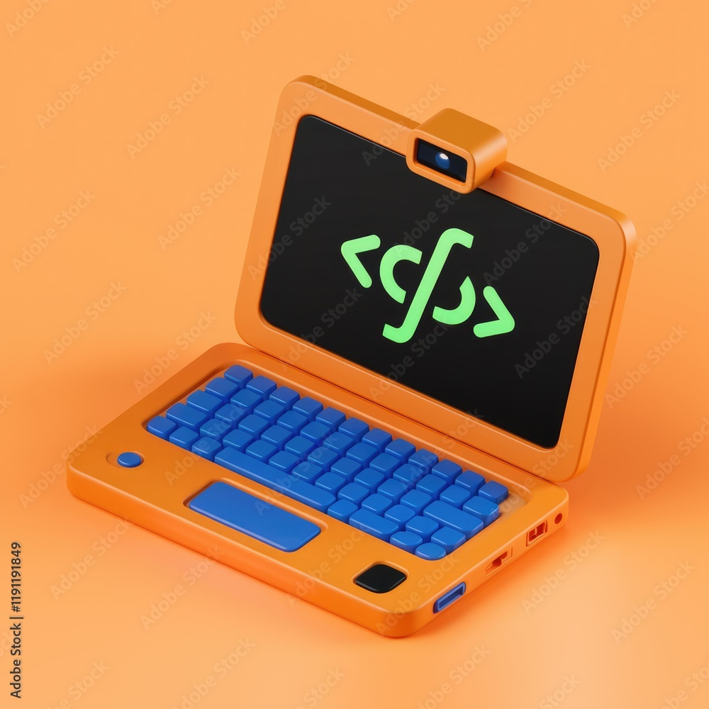 Fototapete An orange laptop displays code, symbolizing programming and technology.