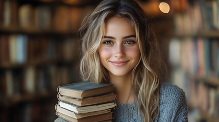 woman holding a stack of books and smiling warmly, standing in what appears to be a library or bookstore