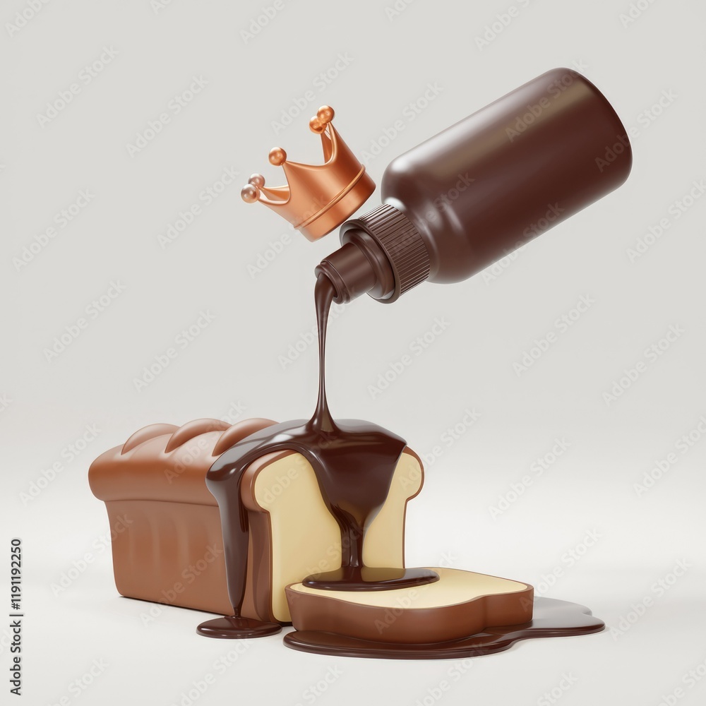 Poster chocolate sauce is poured from a bottle with a crown on top of a loaf of bread.