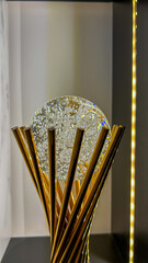 A decorative glass orb with intricate air bubbles, encased by golden metallic rods, illuminated with soft lighting, placed against a neutral gradient background, creating an elegant and modern decor d