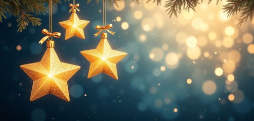 Three gold star ornaments with gold bows hanging from pine needles