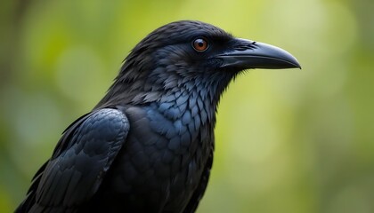 Detailed closeup of a glossy black raven with textured feathers and an amber eye against a soft green background wildlife photography