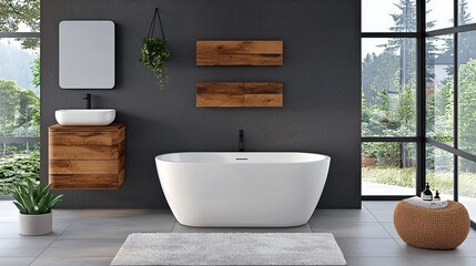 Fototapeta premium Modern Minimalist Bathroom with Wooden Accents and Natural Light Streaming In