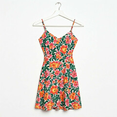 floral pattern white summer dress hanging on white hanger