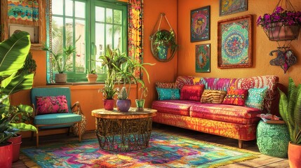 Colorful Bohemian Living Room with Plants and Artistic Decor