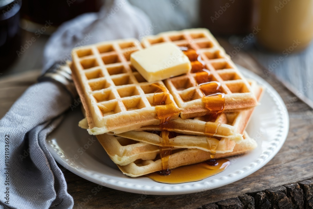 Poster golden waffles stacked high, drizzled with maple syrup and topped with a pat of butter.