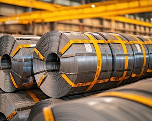 material science alloys Concept. Industrial steel coils stacked in a warehouse, showcasing their metallic sheen and secure packaging.