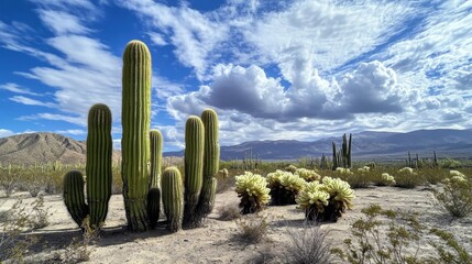 Desert Cacti Landscape Under a Cloudy Sky