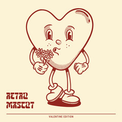 Heart holding flower retro mascot