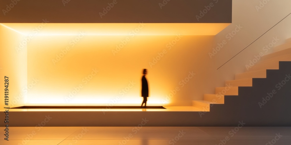 Poster a silhouette of a person stands in a minimalistic space illuminated by warm light. the style is mode