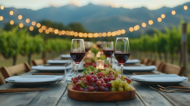 A wine tasting event features diverse flavors and elegant decor. Outdoor vineyard dinner setting with wine and fruits at sunset.