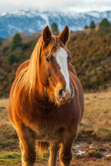 caballo marrón con mancha blanca y crines doradas en la montaña