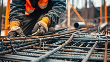 A close-up of a construction worker assembling steel reinforcement bars for concrete, with construction tools and safety gear visible, looking at the camera