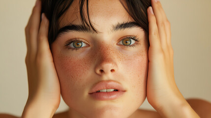 Fototapeta premium Emotional portrait of a young woman indoor setting close-up photography neutral background intimate viewpoint