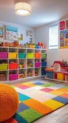 Colorful Playroom with Organized Storage for Kids' Toys and Activities
